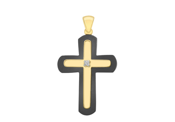 9ct Yellow Gold 0.01t Diamond and Onyx Cross Pendant