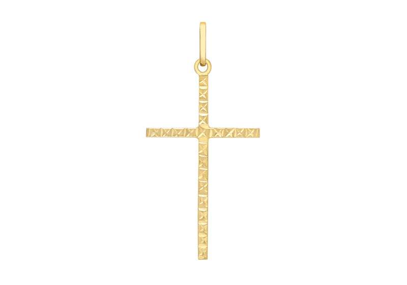 9ct Yellow Gold 18mm x 37mm Diamond Cut Slim Cross Pendant