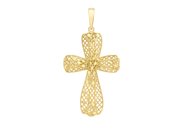 9ct Yellow Gold 20mm x 38.5mm Diamond Cut Mesh Cross Pendant