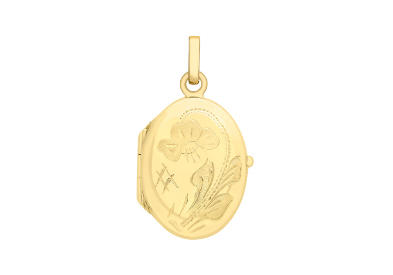 9ct Yellow Gold 16mm x 29mm Engraved Floral Oval Locket