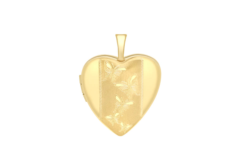 9ct Yellow Gold Etched Butterfly Detail Heart Locket