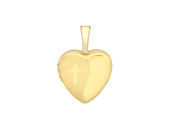 9ct Yellow Gold 12mm x 18mm Etched -Cross-Detail Heart Locket