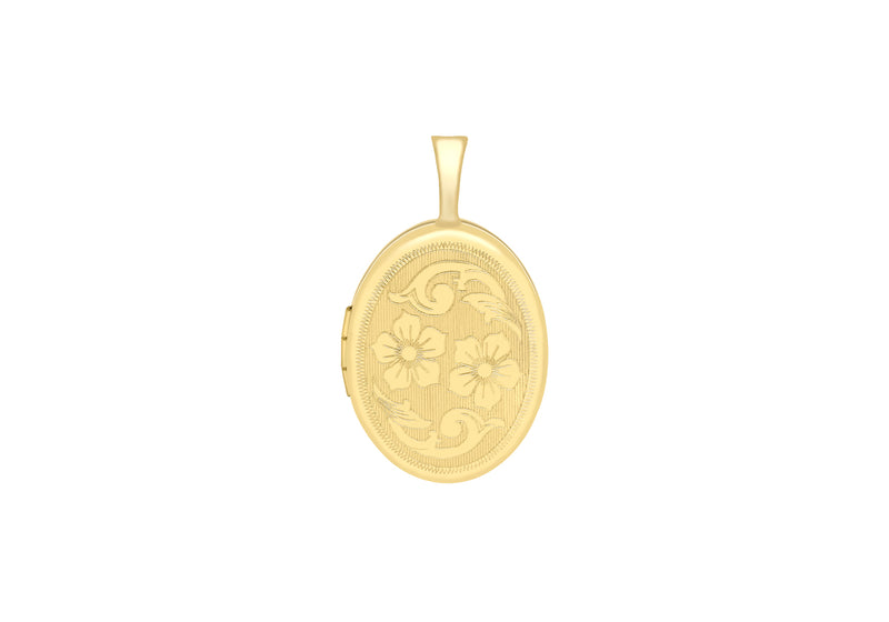 9ct Yellow Gold 16mm x 25mm Etched  Flower-Detail Oval Locket