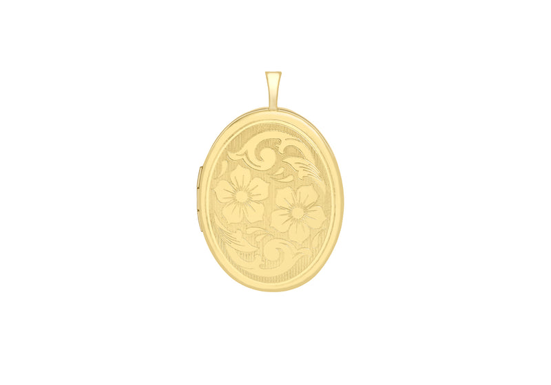 9ct Yellow Gold Etched  Flower Detail Oval Locket