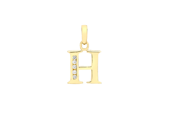 9ct Yellow Gold Zirconia  10mm x 12mm 'H' Initial Pendant