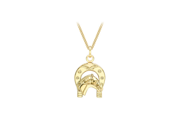 9ct Yellow Gold 13.7mm x 22mm Horseshoe & Horse Pendant