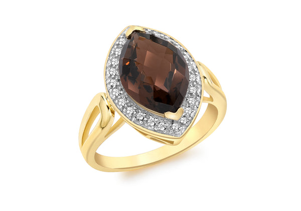 9ct Yellow Gold 0.15t Diamond and Marquise Smokey Quartz Ring