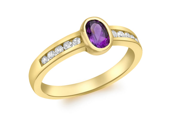 9ct Yellow Gold 0.20t Diamond and Amethyst Oval Ring