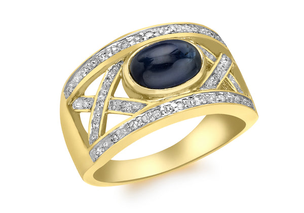 9ct Yellow Gold 0.16ct Diamond and Cabochon Sapphire Cross Ring