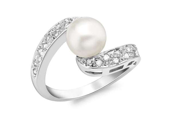 9ct White Gold 0.15t Diamond Wave and Pearl Ring