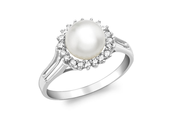 9ct White Gold 0.15t Diamond and Pearl Ring