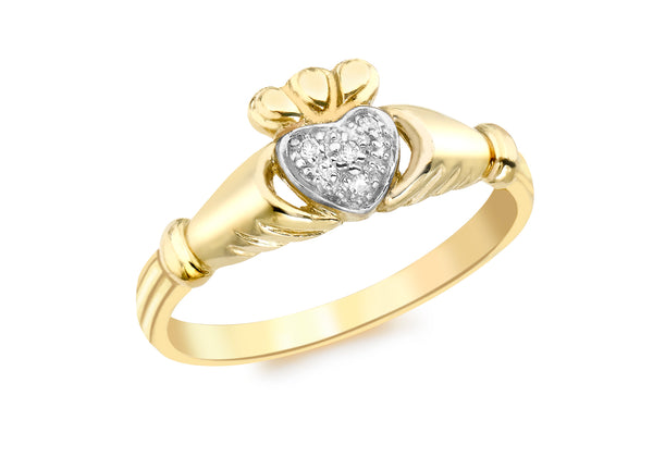 9ct Yellow Gold 0.01ct Diamond Claddagh Ring