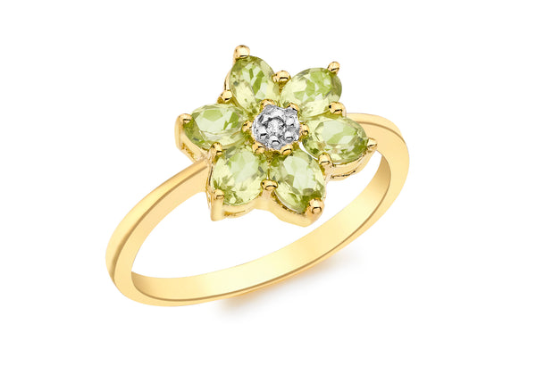 9ct Yellow Gold 0.08t Peridot and Diamond Flower Ring