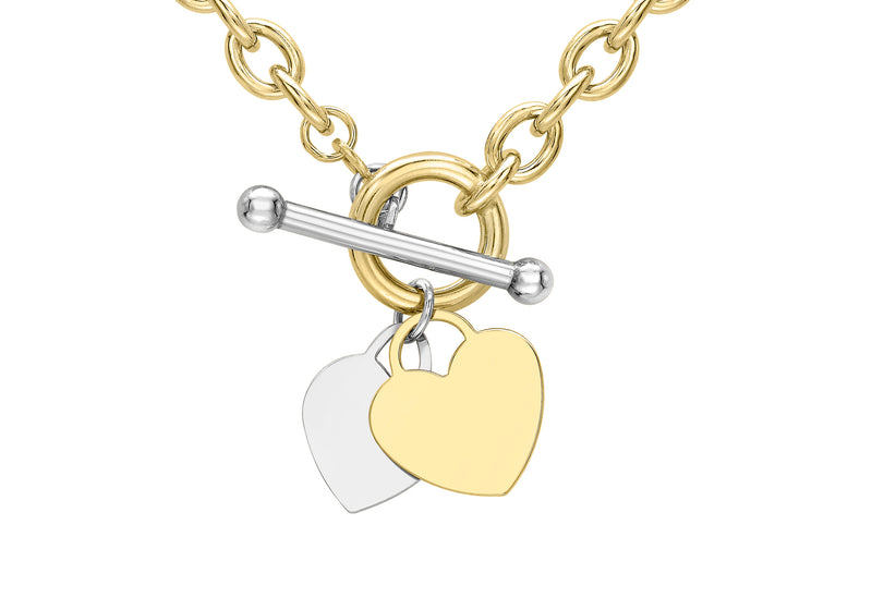 9ct 2-Colour Gold Heart Charm T-Bar Oval Belcher Chain Necklace