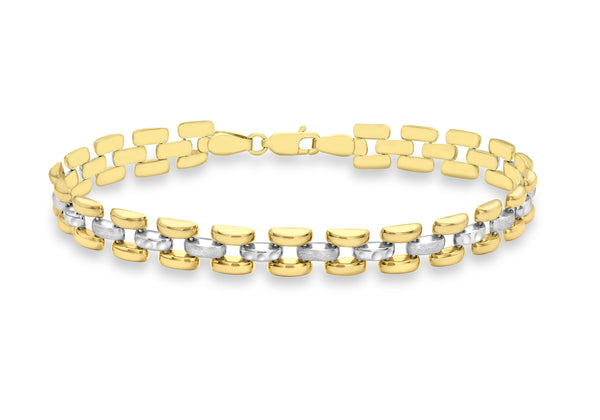 9ct 2-Colour Gold Diamond Cut and Satin Polished Brick Link Bracelet 20m/8"9