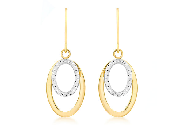 9ct 2-Colour Gold Diamond Cut Double Oval Drop Earrings