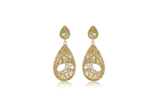 9ct 2-Tone Gold 19.6mm x 47.5mm Diamond Cut Lace-Style Teardrop Earrings