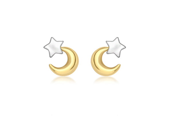 9ct 2-Colour Gold Moon and Star Stud Earrings