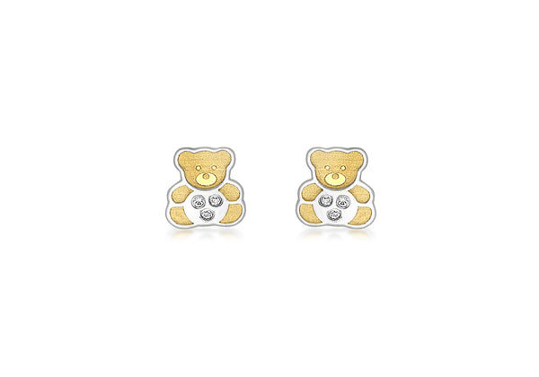 9ct 2-Colour Gold Zirconia  Teddy Bear Stud Earrings