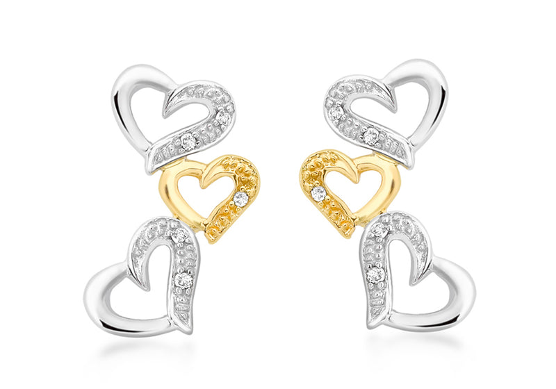 9ct 2-Colour Gold 0.06t Diamond Triple-Heart Stud Earrings