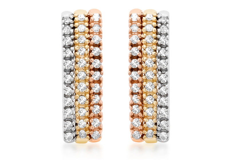 9ct 3-Colour Gold 0.40t Diamond 3-Row Earrings