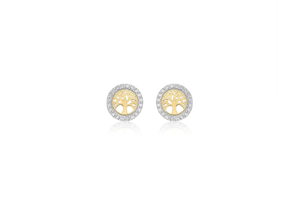 9ct 2-Tone Gold Zirconia  8.3mm 'Tree of Life' Stud Earrings