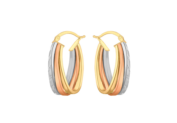 9ct 3-Colour Gold Diamond Cut Triple Loop Creole Earrings