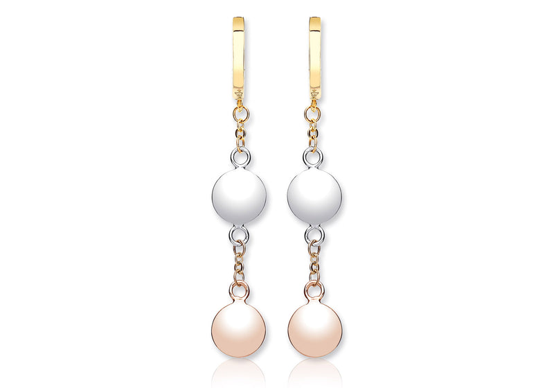 9ct 3-Colour Gold Disc Drop Huggy Earrings