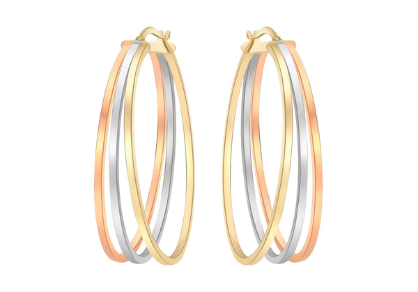 9ct 3-Colour Gold Oval Polished Creole Earrings