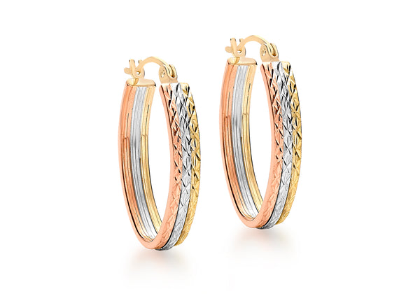 9ct 3-Colour Gold Diamond Cut Oval Creole Earrings