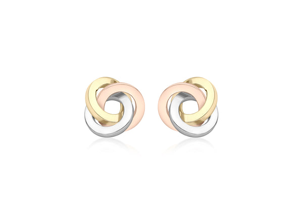 9ct 3-Colour Gold 9.5mm x 10mm Square-Tube Knot Stud Earrings