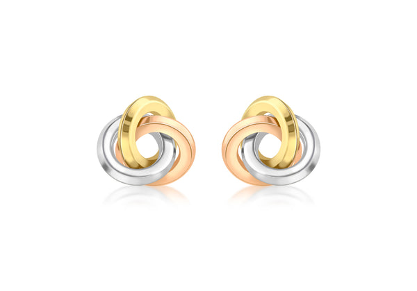 9ct 3-Colour Gold 13mm Rhombus Tube Knot Stud Earrings