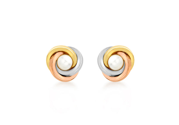 9ct 3-Colour Gold 9mm Knot and Pearl Stud Earrings