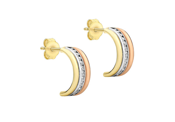 9ct 3-Colour Gold Zirconia  Half Hoop Earrings