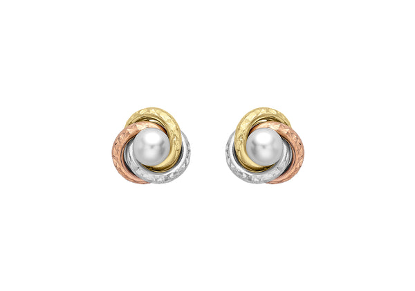 9ct 3-Colour Gold 9mm Diamond Cut Knot and Pearl Stud Earrings