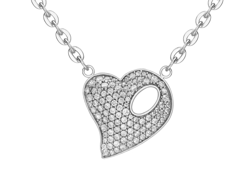 9ct White Gold Zirconia  Pave Set Fikle Heart Belcher  Chain Necklet 46m/18"9