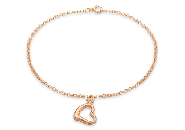 9ct Rose Gold Heart Charm Round Belcher  Chain Bracelet