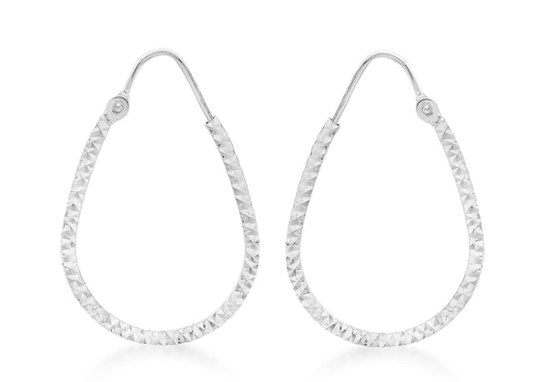 9ct White Gold Diamond Cut Teardrop Hoop Earrings