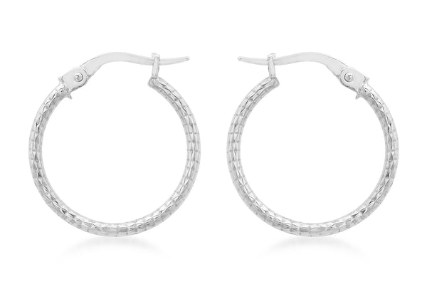 9ct White Gold 18mm Diamond Cut Round Creole Earrings