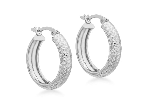 9ct White Gold 19mm Diamond Cut Creole Earrings