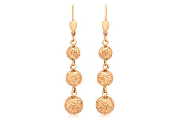 9ct Rose Gold Diamond Cut Graduated Triple Ball Drop Earrings