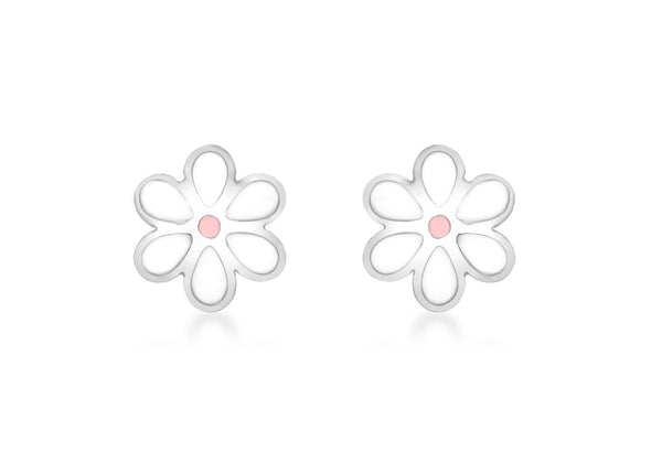 9ct White Gold Pink and White Enamel Flower Stud Earrings