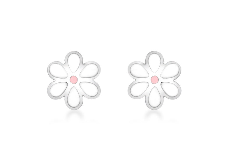 9ct White Gold Pink and White Enamel Flower Stud Earrings