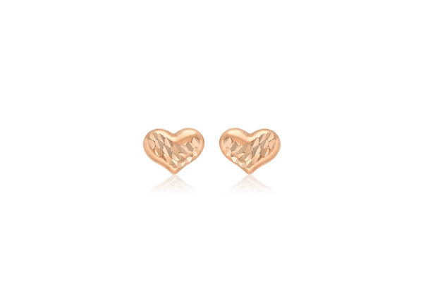 9ct Rose Gold Diamond Cut 7.7mm x 5.9mm Heart Stud Earrings