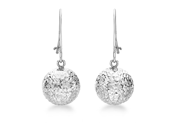 9ct White Gold 10mm Diamond Cut Ball Drop Earrings