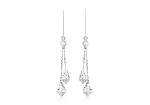 9ct White Gold Zirconia  and Diamond Cut Chain Drop Earrings