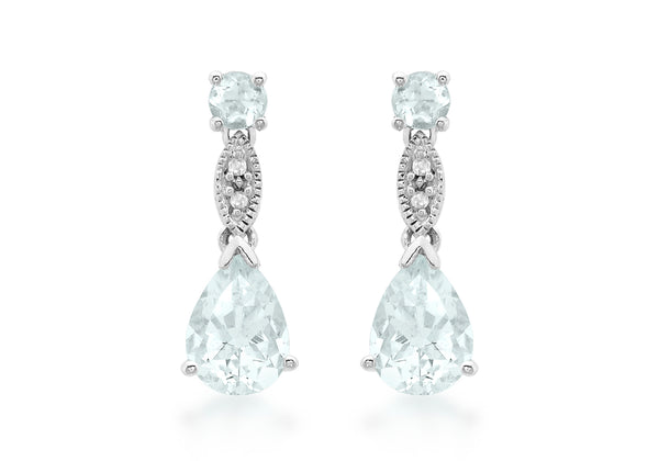 9ct White Gold 0.02ct Diamond Aquamarine Drop Earrings