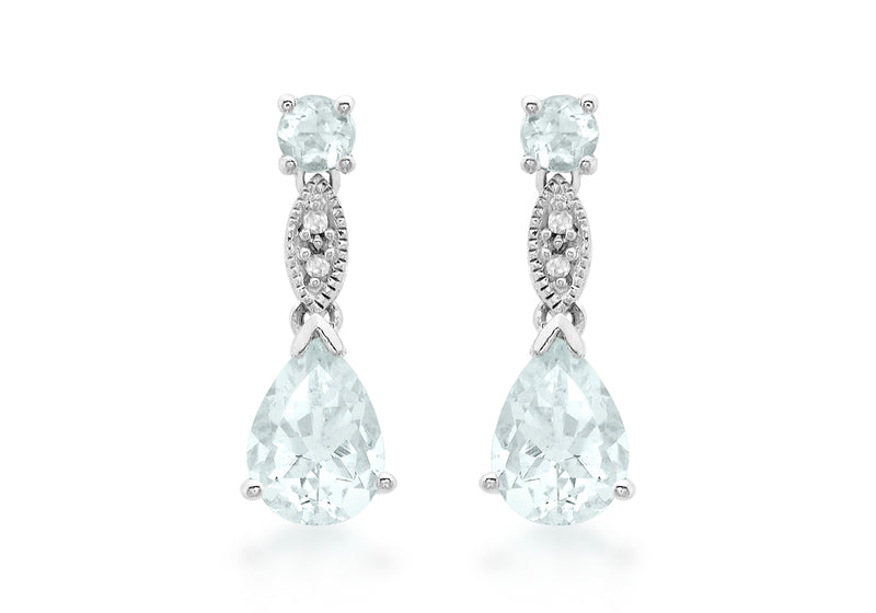 9ct White Gold 0.02ct Diamond Aquamarine Drop Earrings