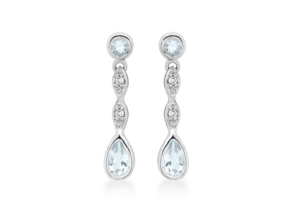 9ct White Gold 0.03t Diamond Aquamarine Drop Earrings