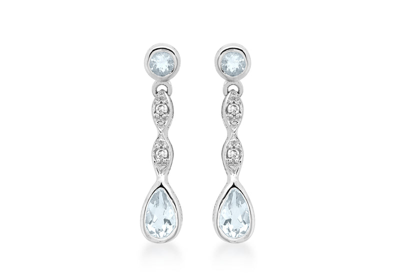 9ct White Gold 0.03t Diamond Aquamarine Drop Earrings